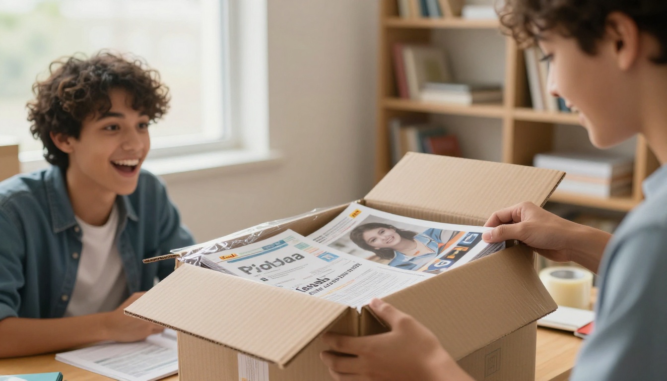 Students opening a box of fresh yearbooks in a school office