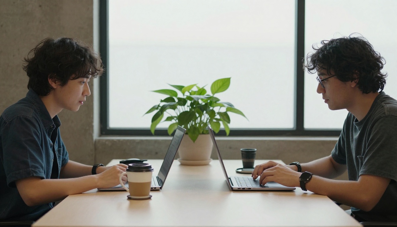 Two colleagues comparing catalog tools on two laptop screens