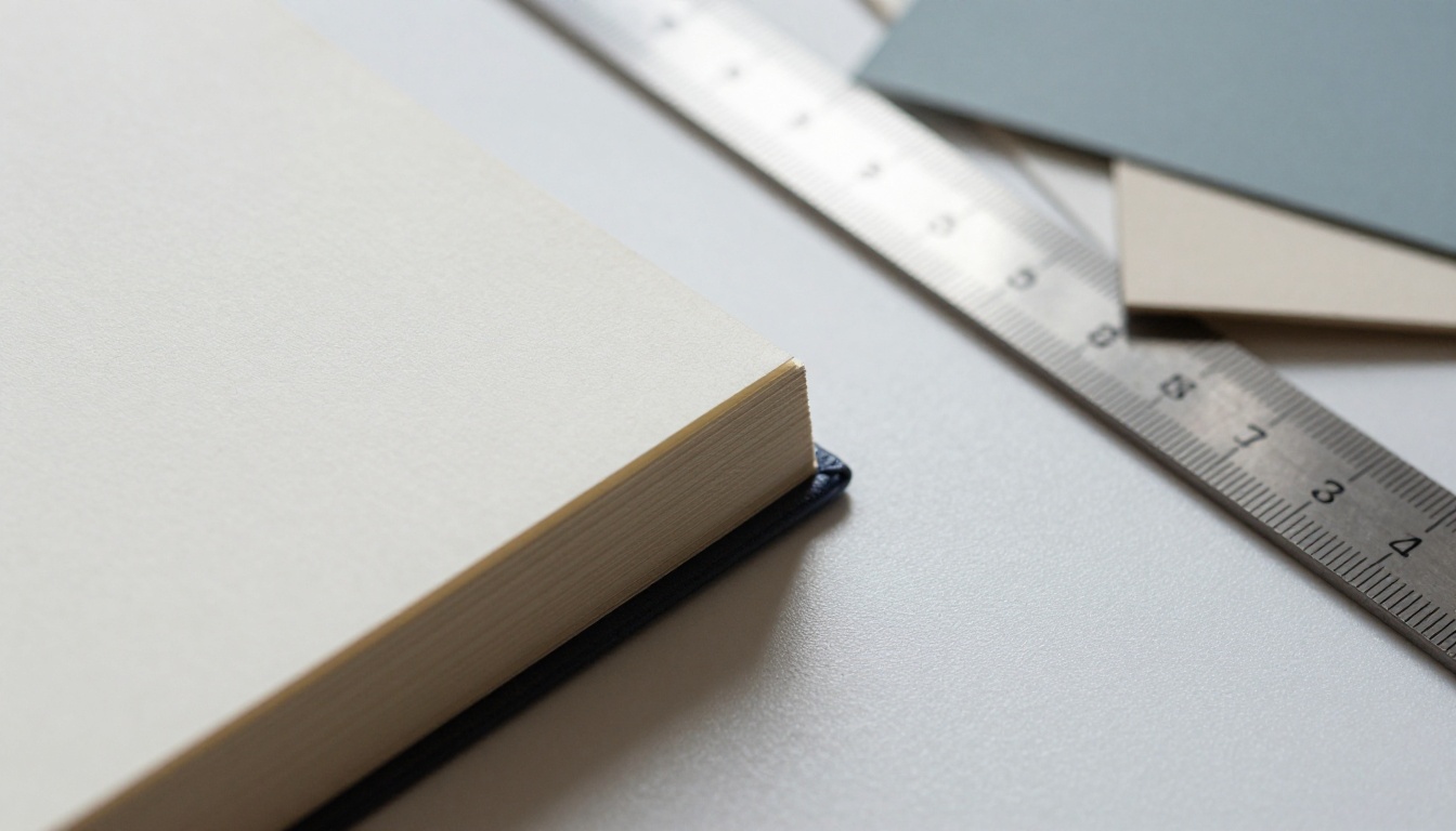 Macro close-up of a photo book spine and paper samples on a craft table