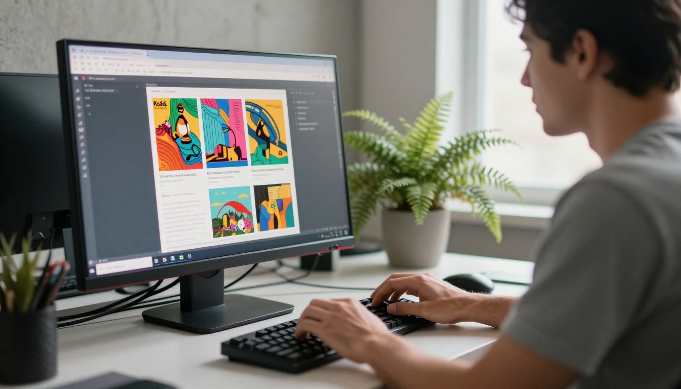 Man typing on a Windows desktop PC with a catalog layout on screen