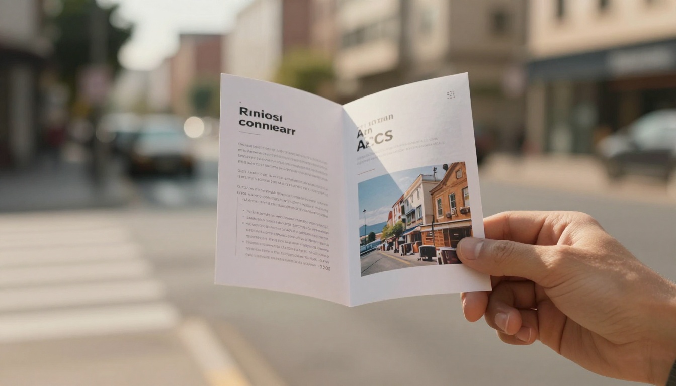 Hand holding a finished tri-fold brochure on a quiet city street Hand holding a finished tri-fold brochure on a quiet city street