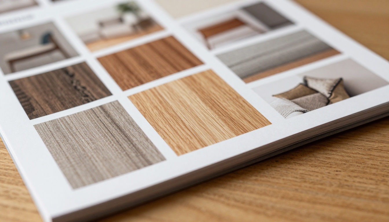 Macro view of furniture catalog page with wood and fabric swatches