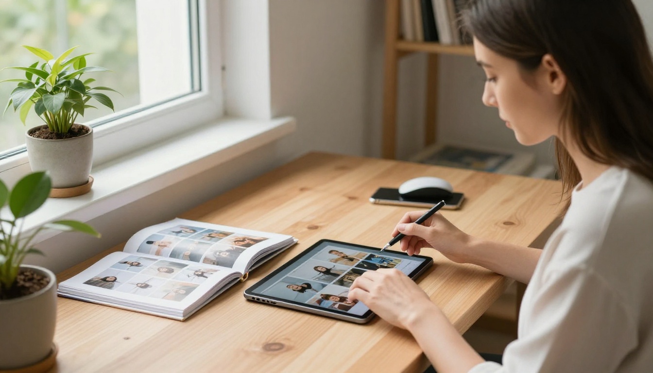 Woman at a bright home desk scrolling a photo layout on a tablet