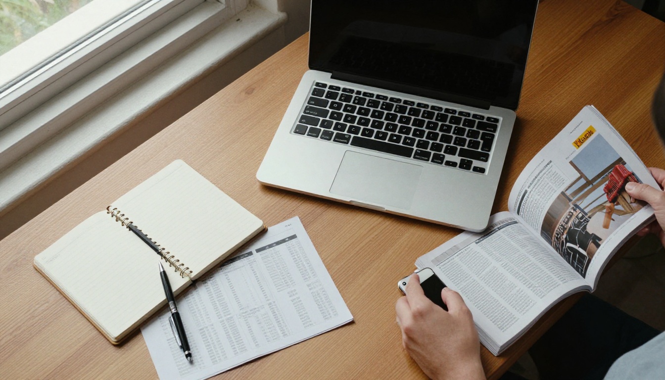 Overhead view of a desk with a Windows laptop, printed PDF reports and a notebook