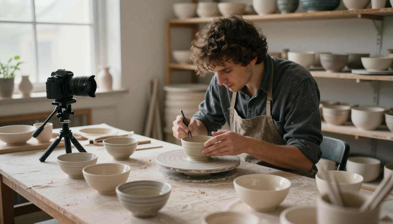 Maker photographing ceramic bowls on a linen backdrop in a workshop