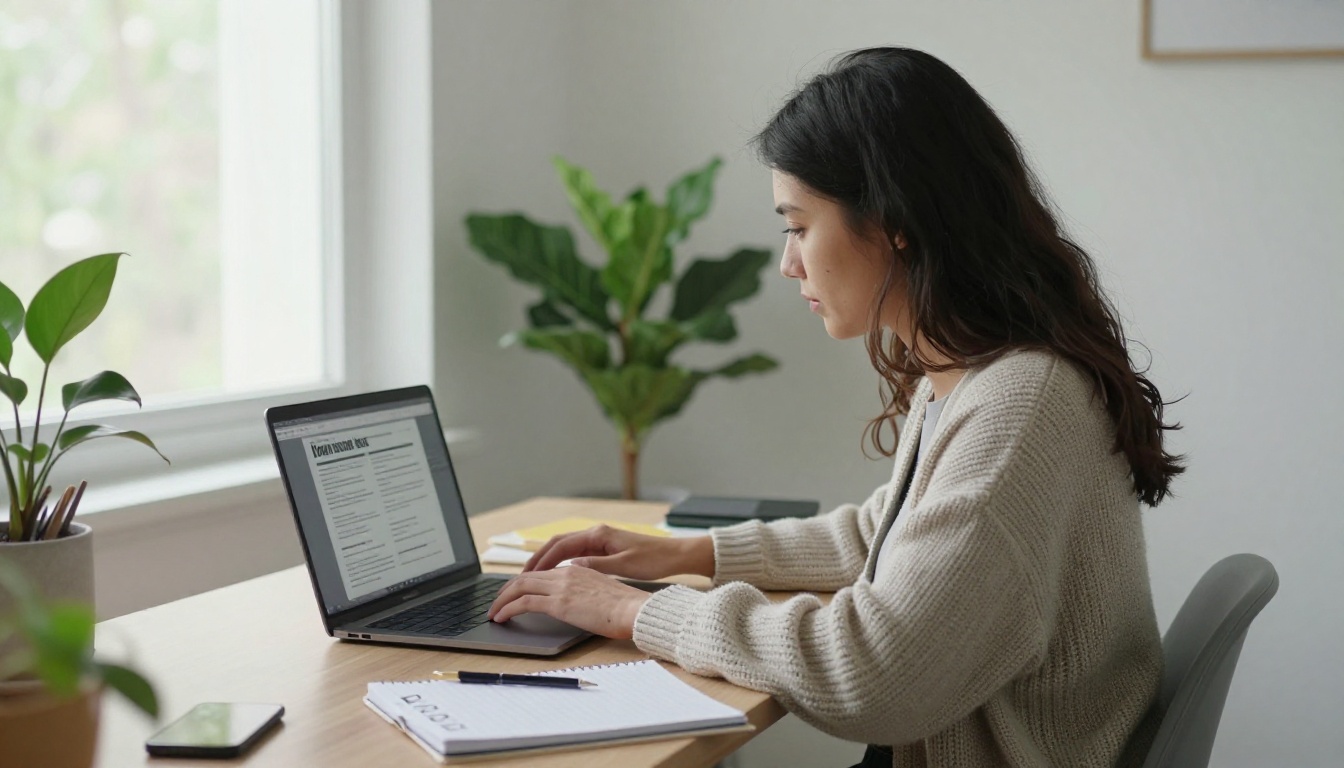Woman at a standing desk comparing two brochure layouts on two laptops Woman at a standing desk comparing two brochure layouts on two laptops
