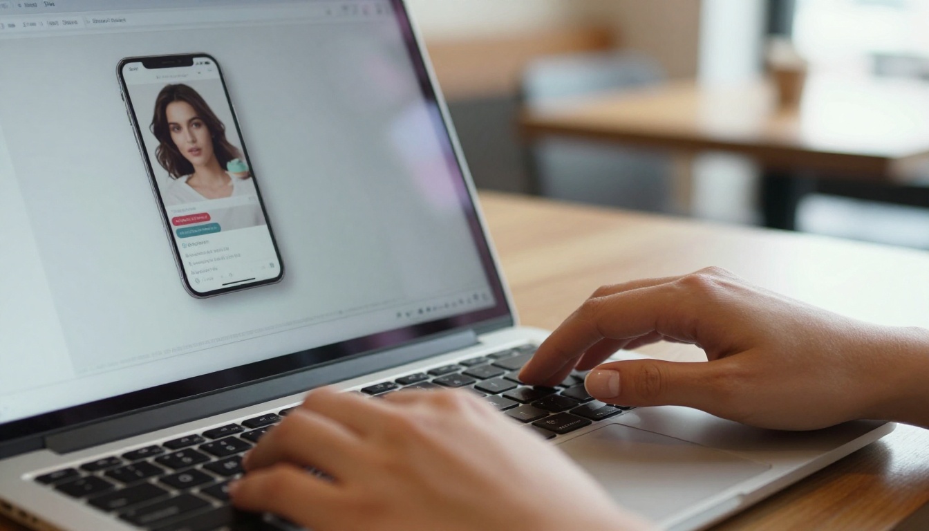 Woman's hands on a laptop trackpad with a catalog page on screen in a cafe