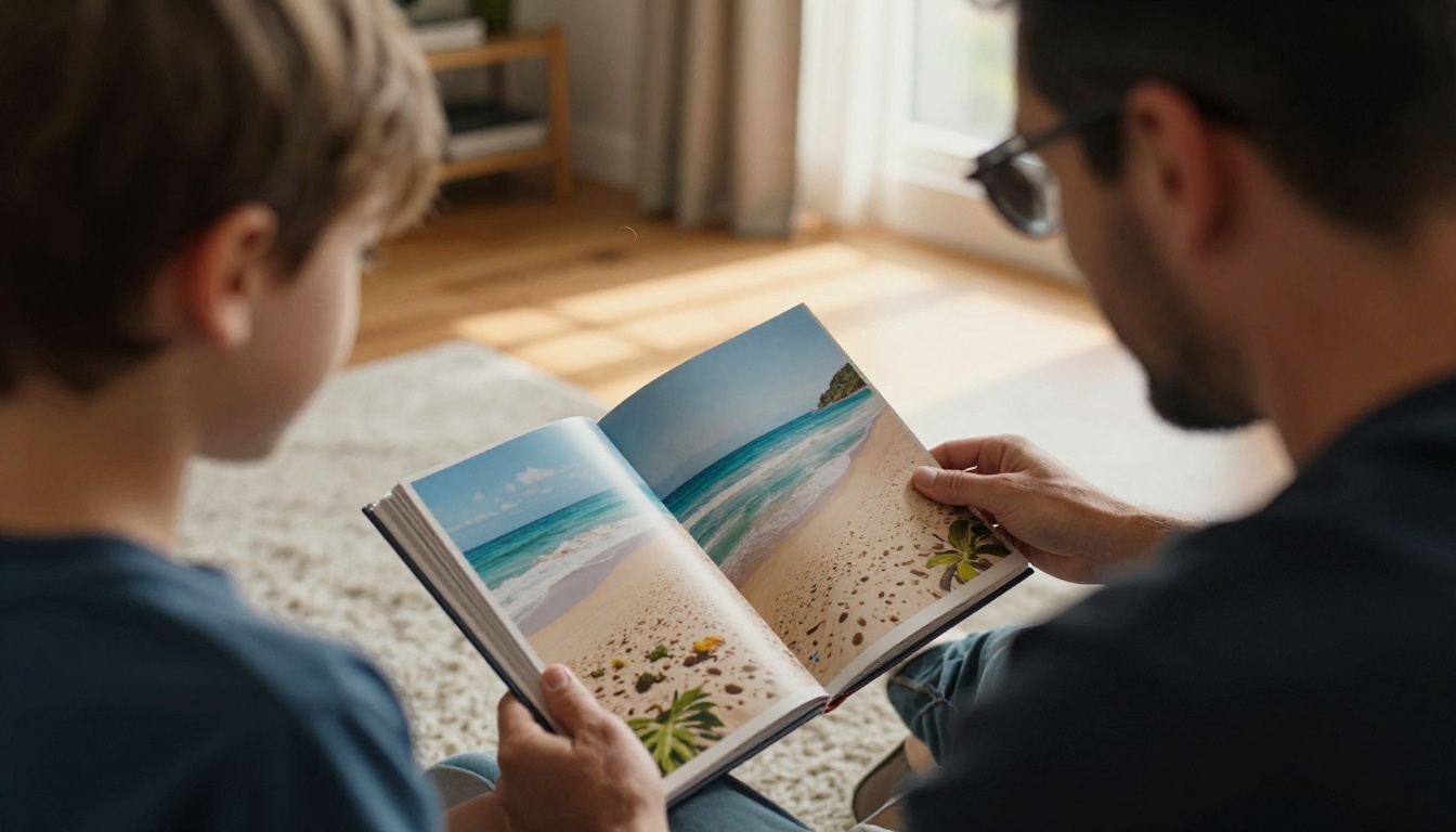 Father and child leafing through a travel photo book on a living room floor