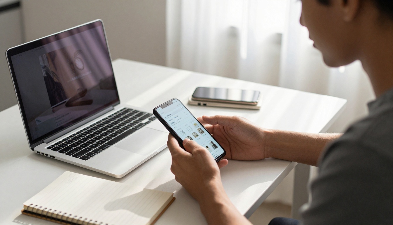 Entrepreneur browsing a digital catalog on a phone at a kitchen table