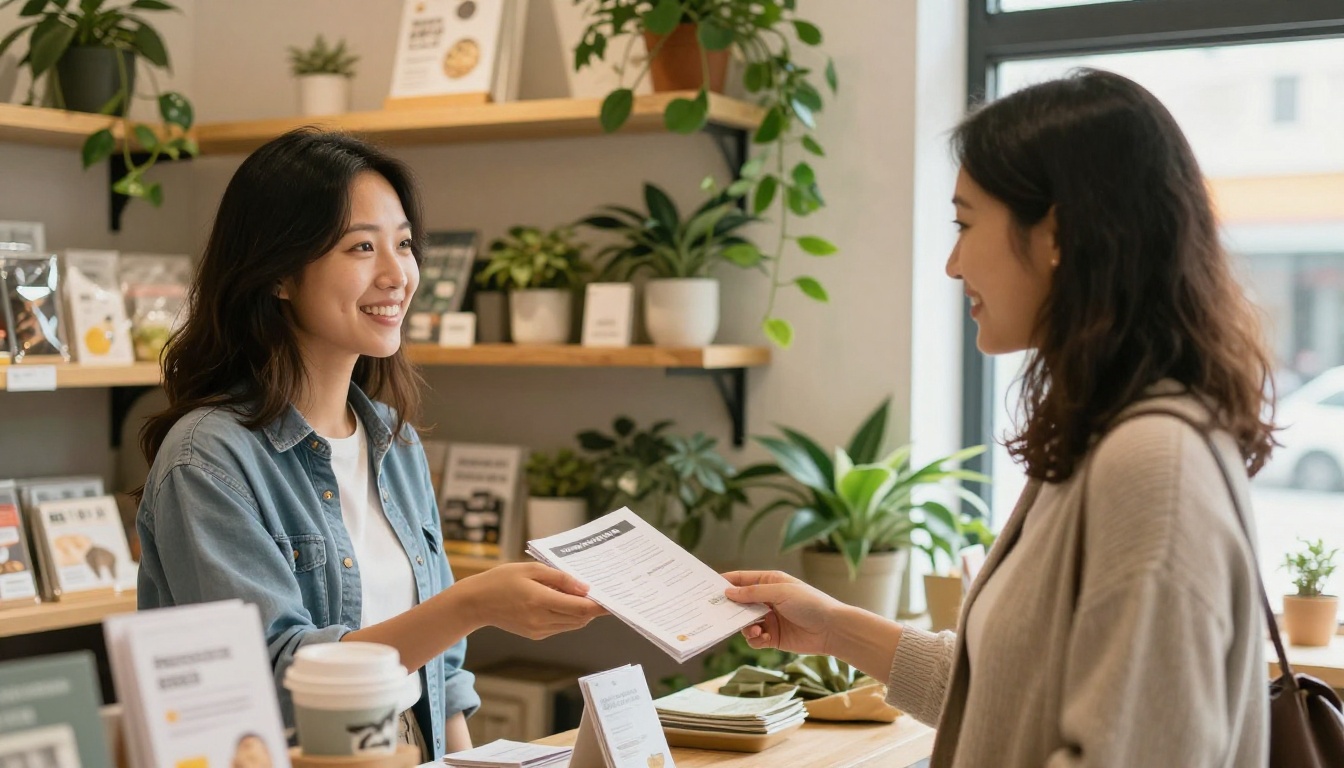 Boutique owner handing a printed brochure to a smiling customer Boutique owner handing a printed brochure to a smiling customer