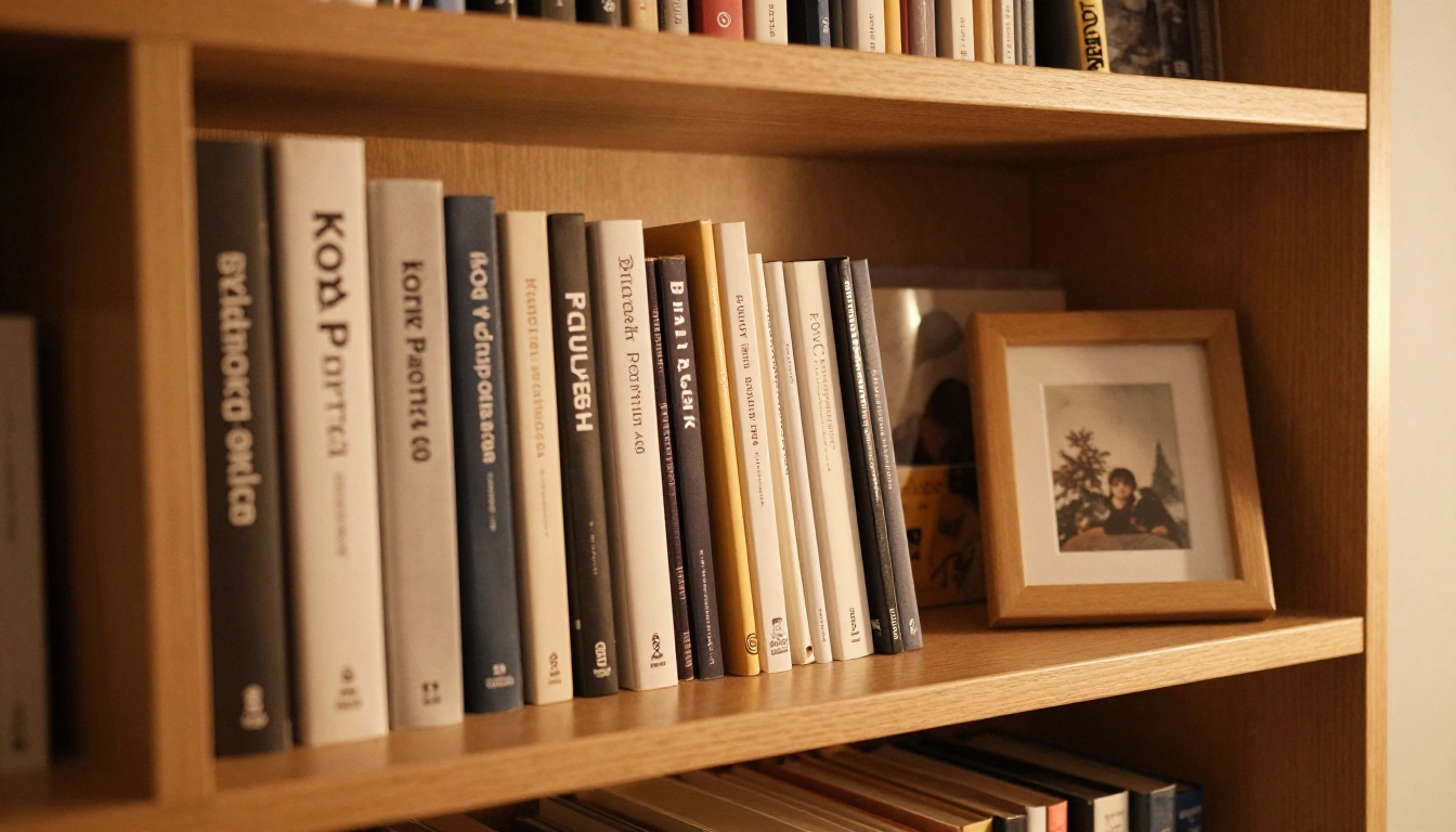 Shelf of photo books in different sizes standing among novels