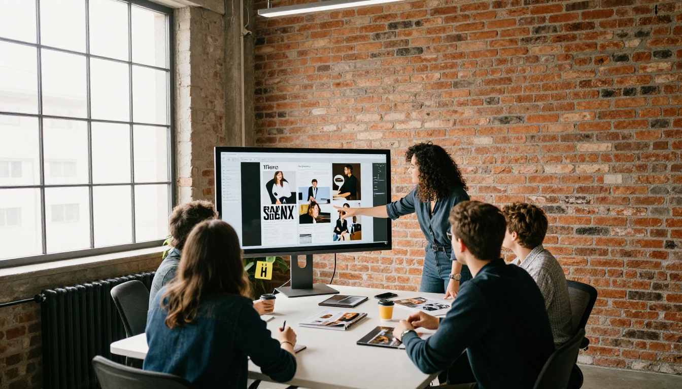 Team reviewing a digital magazine layout on a large monitor in a brick-walled office