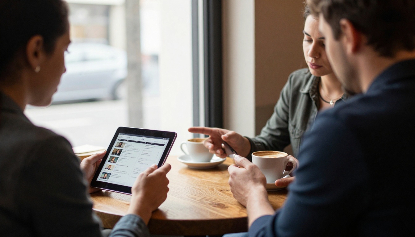 Sales representative showing a digital catalog to a client at a cafe