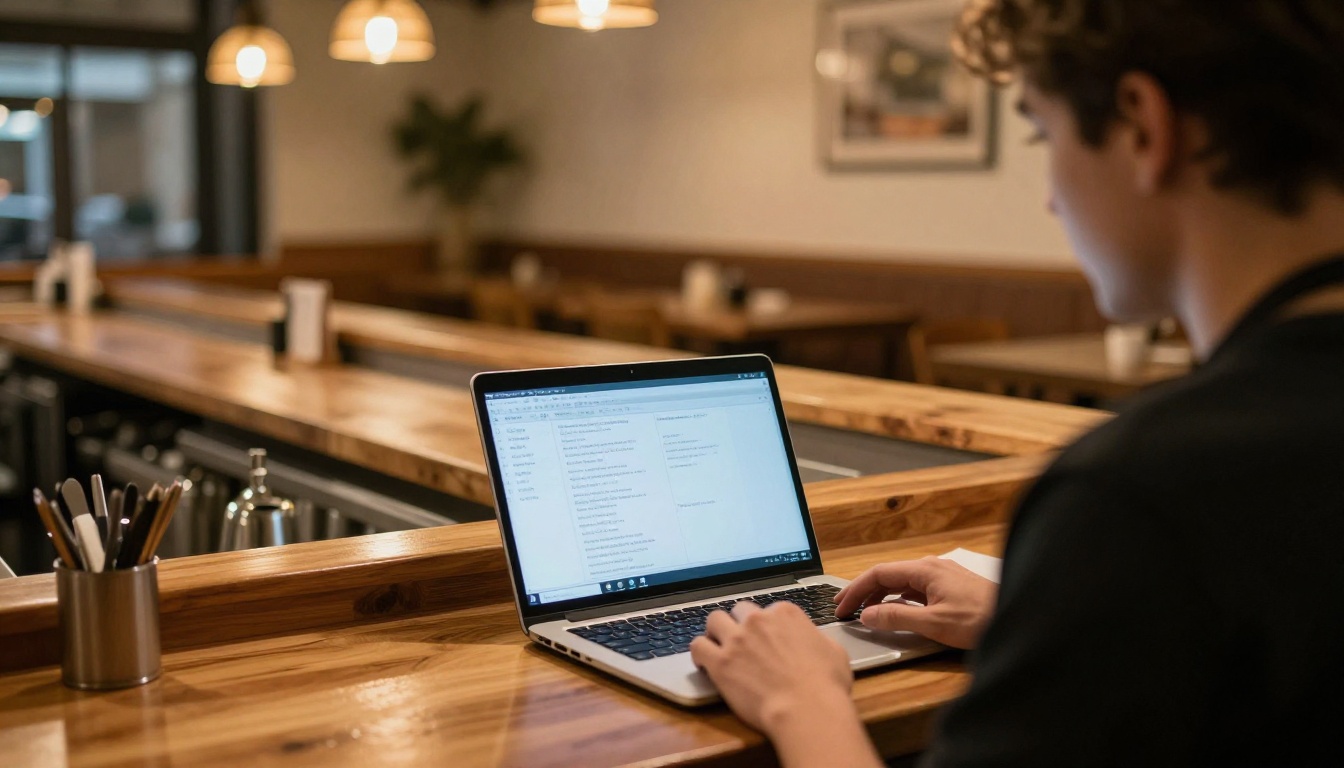 Restaurant owner viewing a digital menu on a Windows laptop at a bar counter