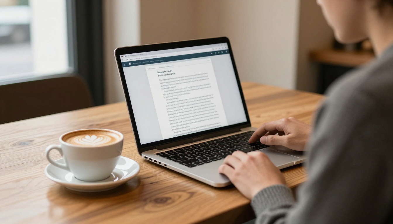 Man working in a cafe with a MacBook showing a document in a web browser Man working in a cafe with a MacBook showing a document in a web browser