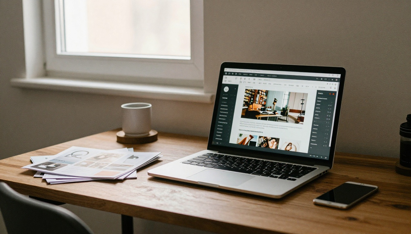 Tidy home office desk with a laptop showing a catalog layout