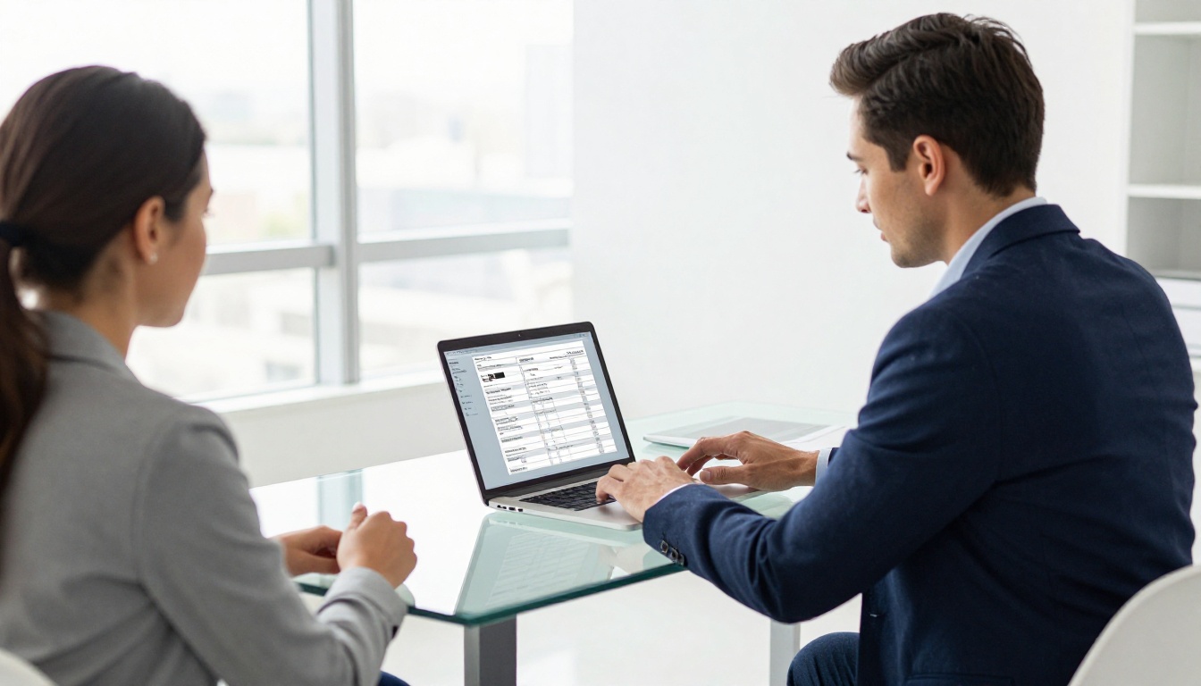 Real estate agent showing a property brochure on a laptop to a couple