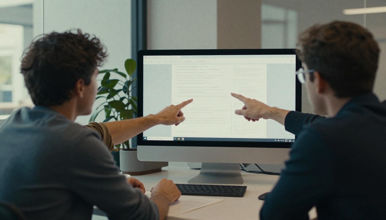 Two colleagues looking at a MacBook screen in a modern meeting room Two colleagues looking at a MacBook screen in a modern meeting room