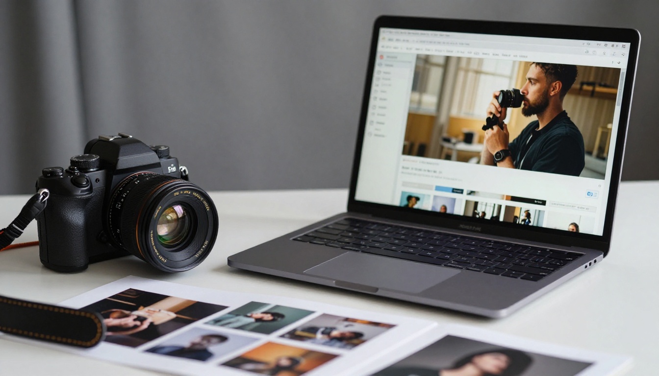 Photographer's portfolio laptop beside a camera and printed photographs