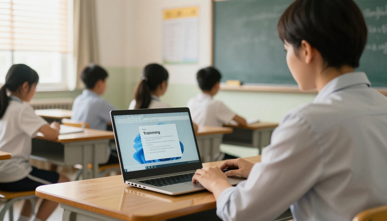 Teacher at a classroom desk with a laptop showing a training manual