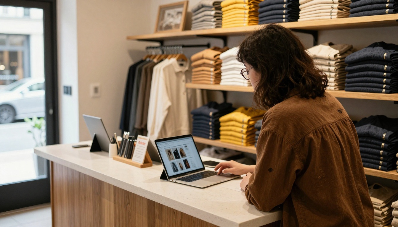 Boutique owner at a counter with a MacBook and tablet showing a product lookbook Boutique owner at a counter with a MacBook and tablet showing a product lookbook