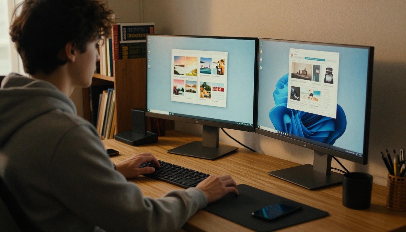 Freelancer at a standing desk with dual monitors showing a flipbook spread