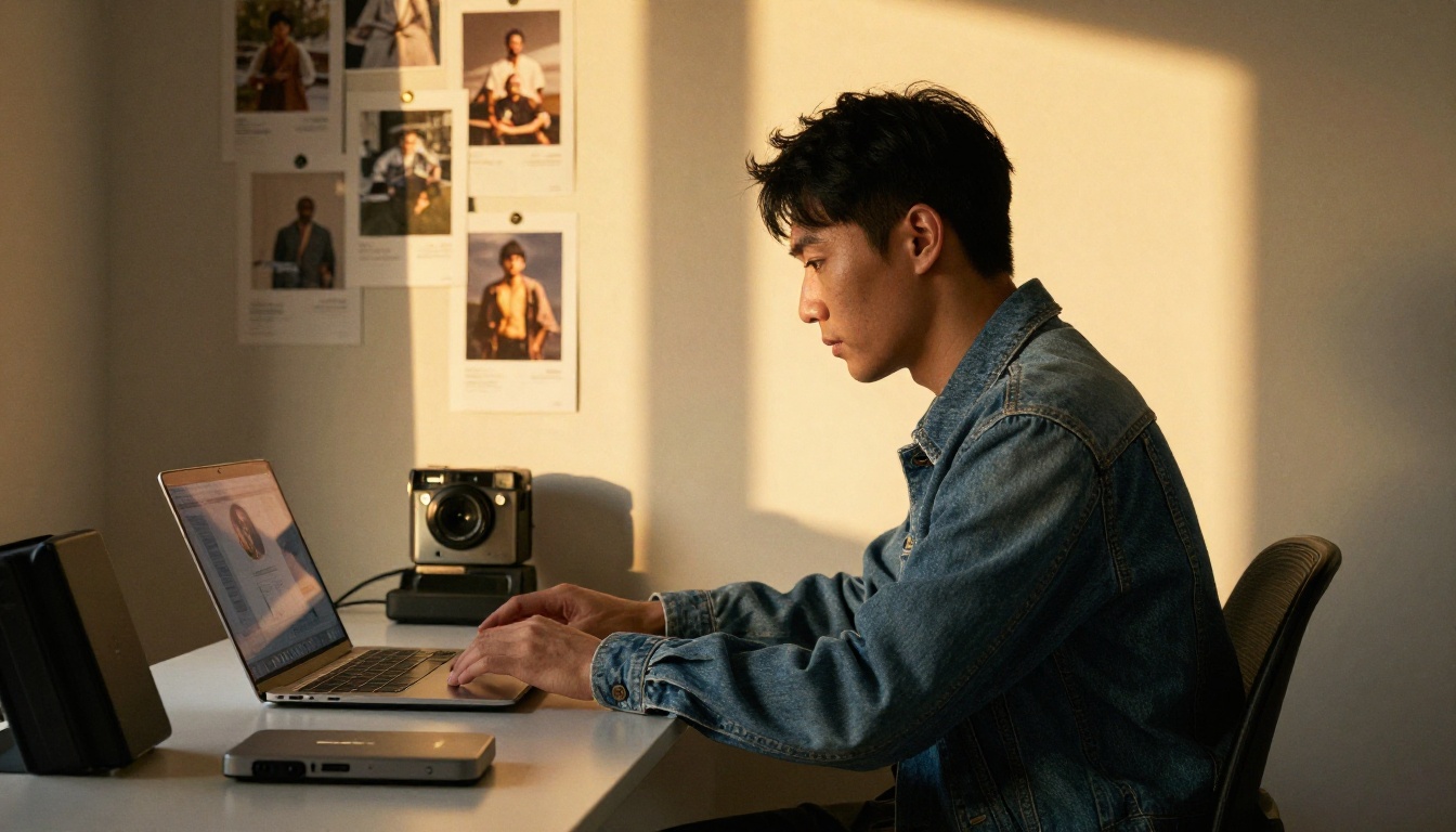 Freelance photographer at a standing desk with a MacBook Pro and framed prints Freelance photographer at a standing desk with a MacBook Pro and framed prints