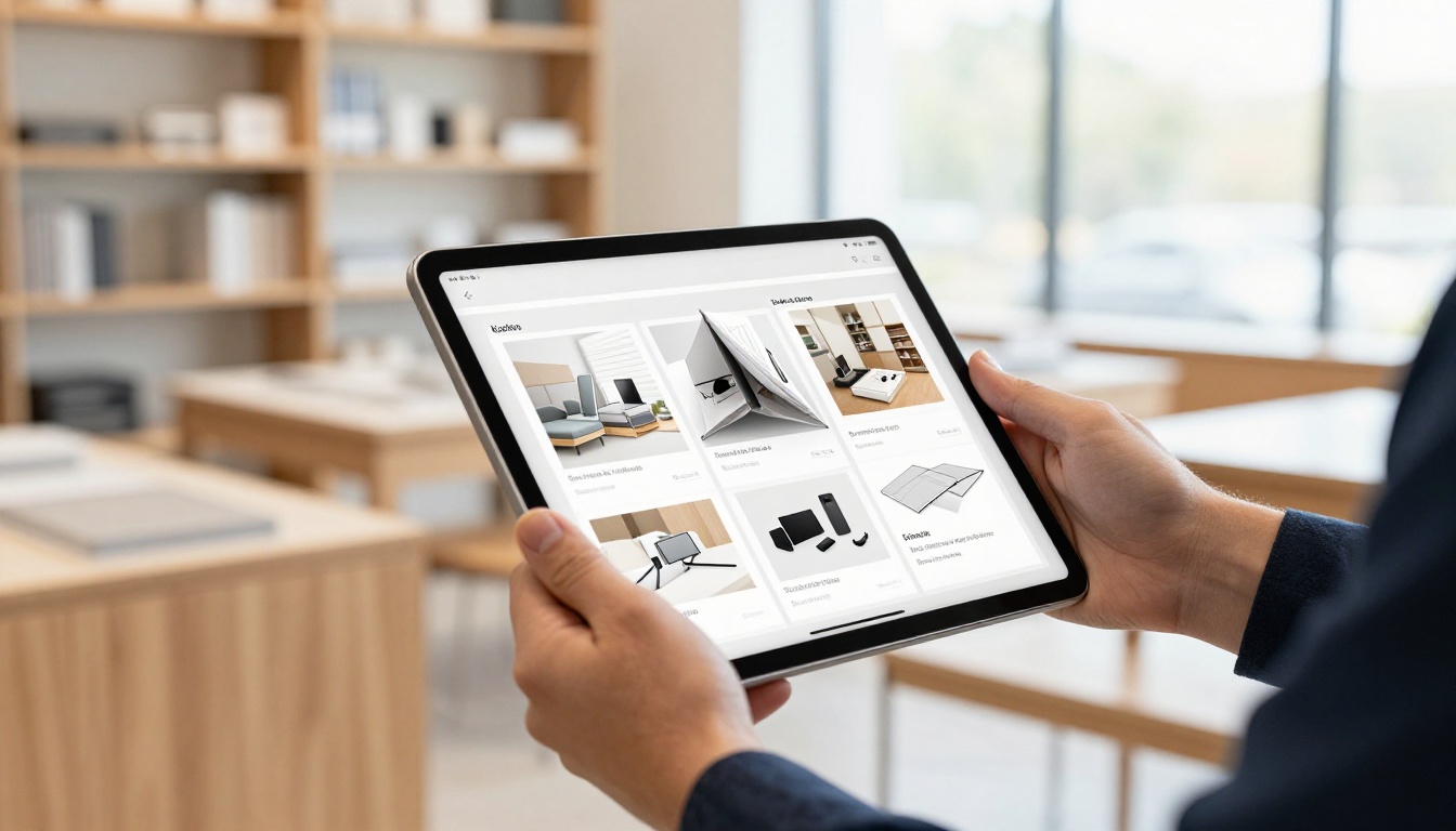 Sales rep holding a tablet catalog inside a bright furniture showroom