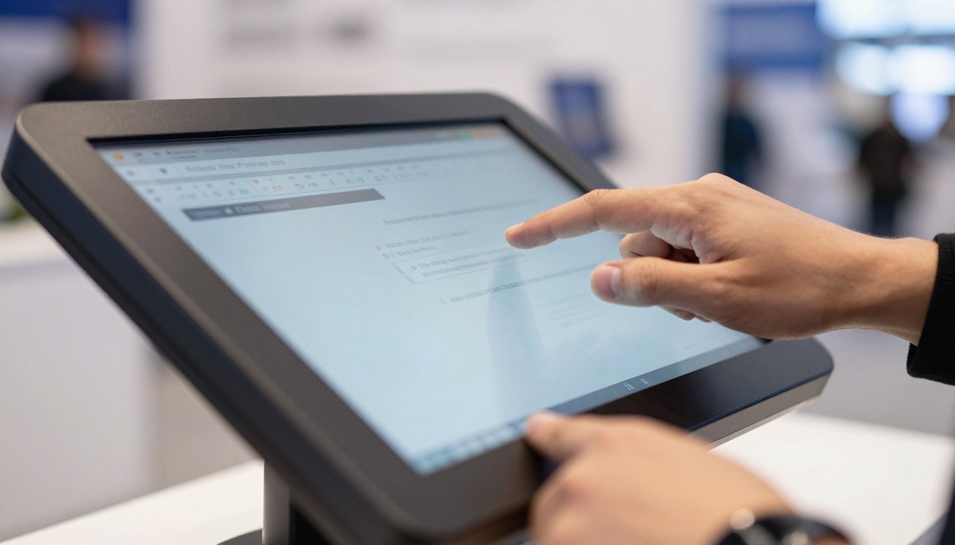 Visitor swiping through a digital brochure on a kiosk touchscreen at a trade show Visitor swiping through a digital brochure on a kiosk touchscreen at a trade show