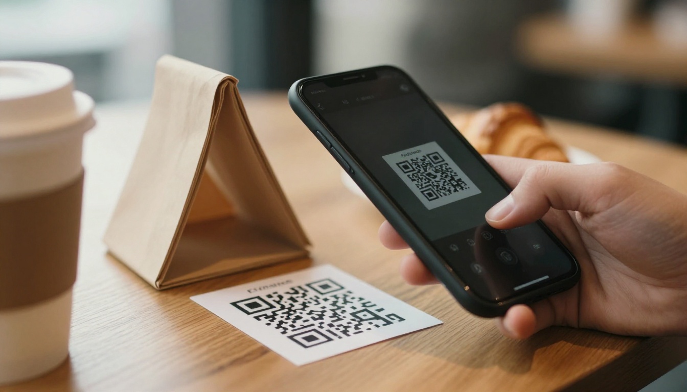Guest scanning a QR code on a wooden table tent in a cafe Guest scanning a QR code on a wooden table tent in a cafe
