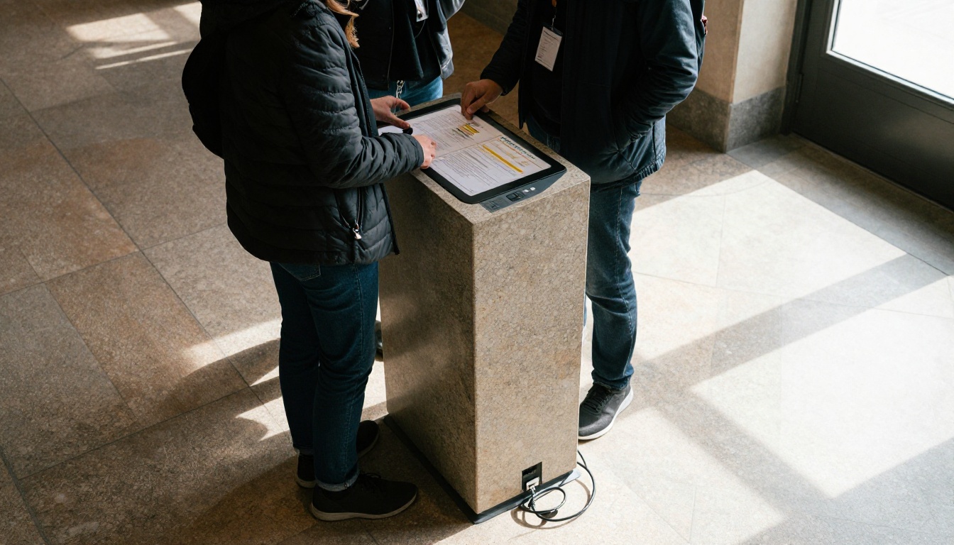 Overhead view of a museum lobby with a self-service information kiosk Overhead view of a museum lobby with a self-service information kiosk