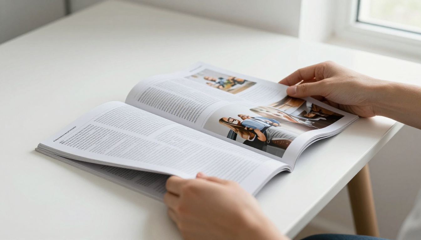 Designer hands flipping through a printed magazine proof