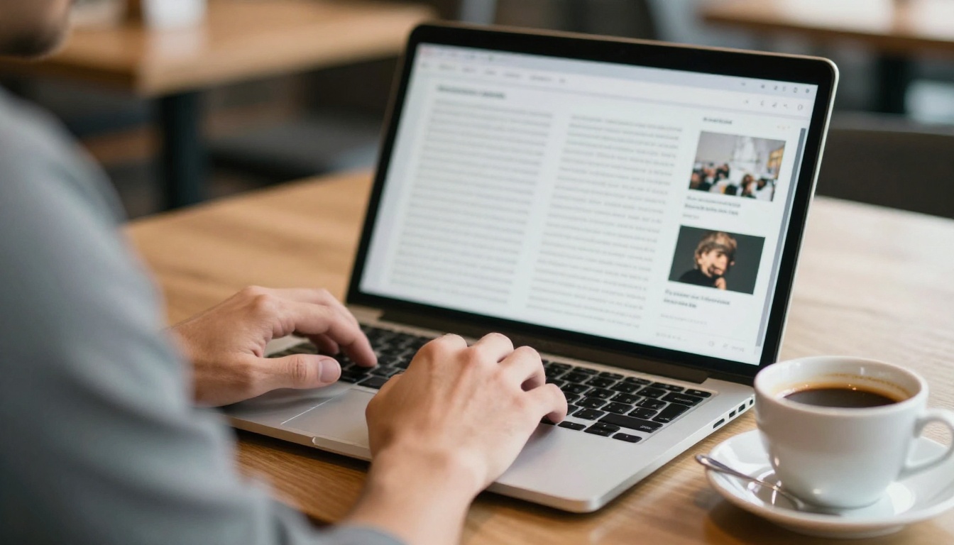 Author working at a desk with a laptop showing an ebook page layout Author working at a desk with a laptop showing an ebook page layout