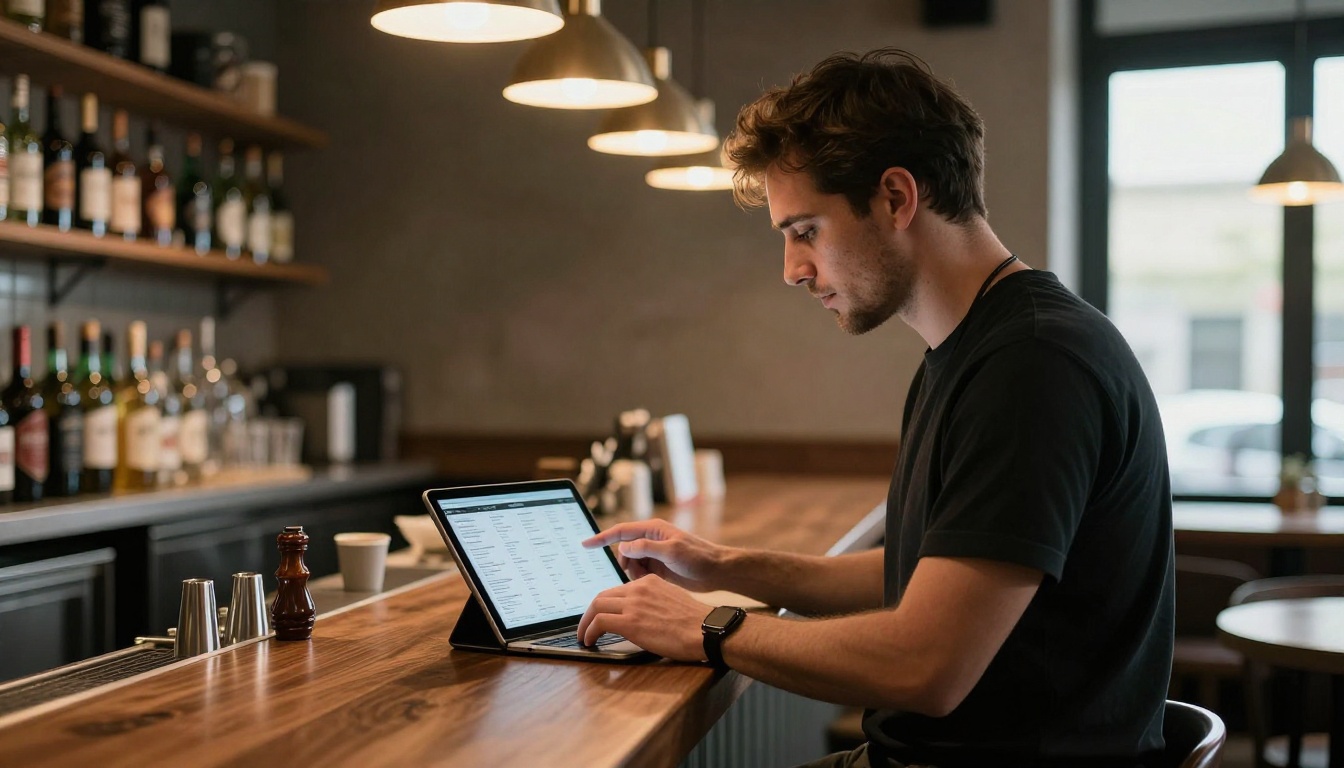 Restaurant owner reviewing a menu dashboard on a tablet behind the counter Restaurant owner reviewing a menu dashboard on a tablet behind the counter