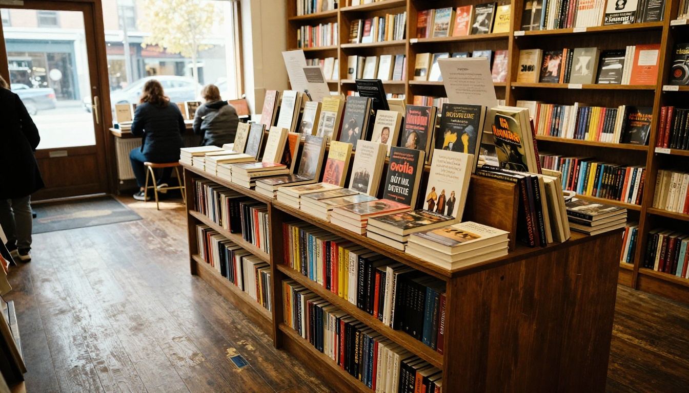 Independent bookstore with a front table display Independent bookstore with a front table display