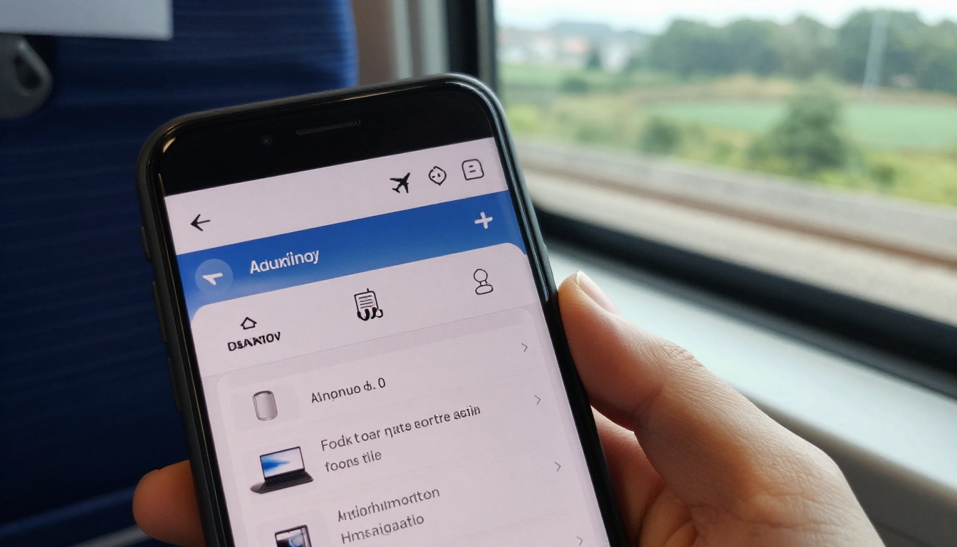 Smartphone in airplane mode showing a catalog page inside a train carriage