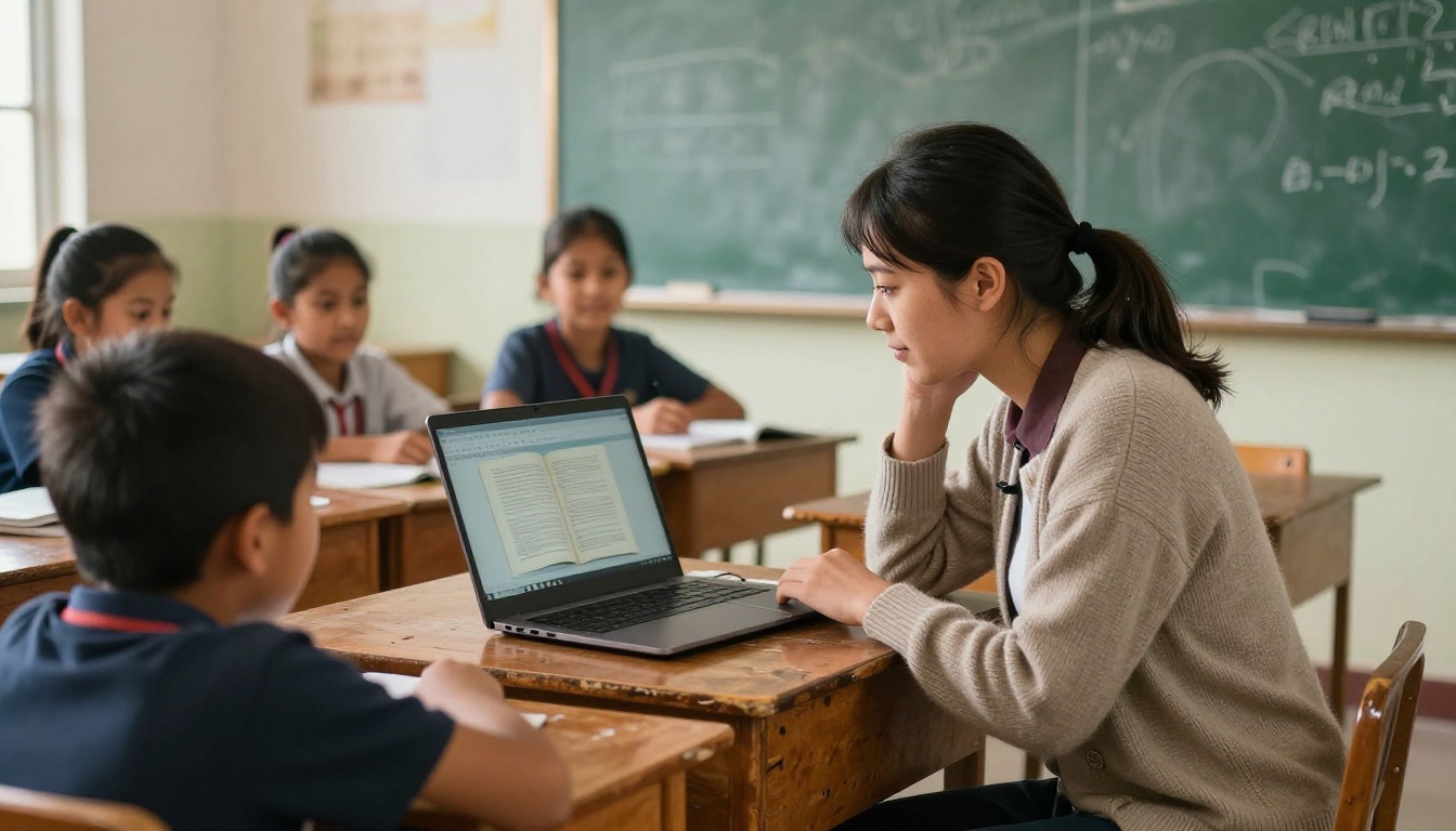 Teacher helping students read a textbook flipbook on a laptop in a classroom Teacher helping students read a textbook flipbook on a laptop in a classroom
