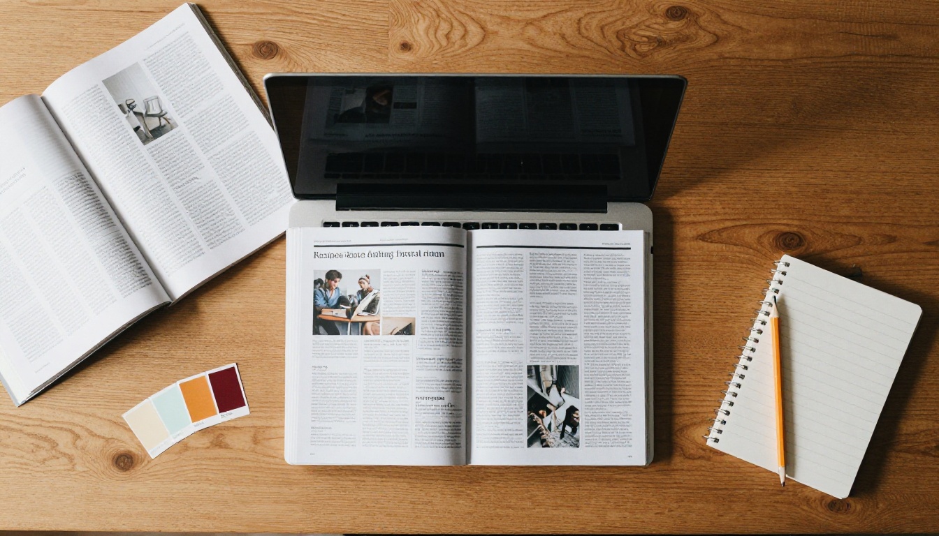 Aerial view of a desk with a laptop showing a magazine page grid
