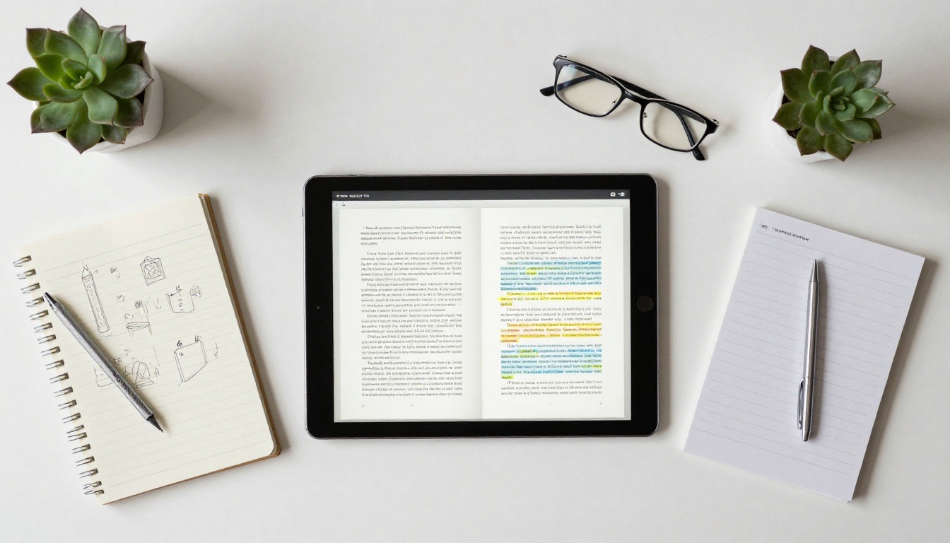 Top-down view of a desk with a tablet showing an ebook spread and printed proofs Top-down view of a desk with a tablet showing an ebook spread and printed proofs