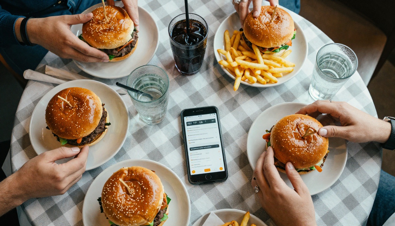 Overhead view of a restaurant table with food and a phone showing a digital menu Overhead view of a restaurant table with food and a phone showing a digital menu