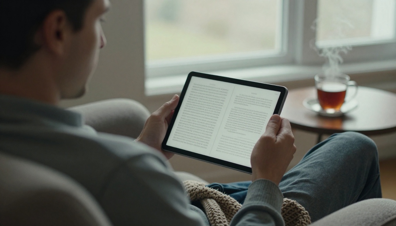 A reader enjoying an ebook on a tablet at home A reader enjoying an ebook on a tablet at home