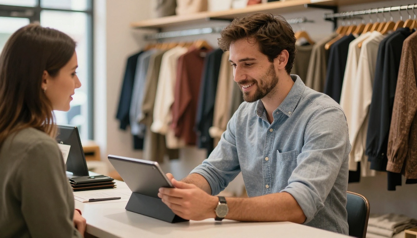 Sales rep presenting a tablet catalog to a boutique owner across a counter