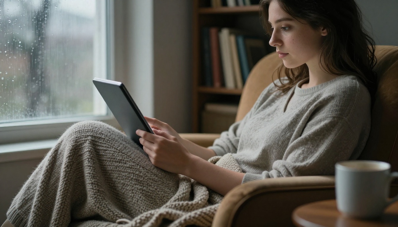Woman reading an ebook on a tablet in an armchair beside a rainy window Woman reading an ebook on a tablet in an armchair beside a rainy window