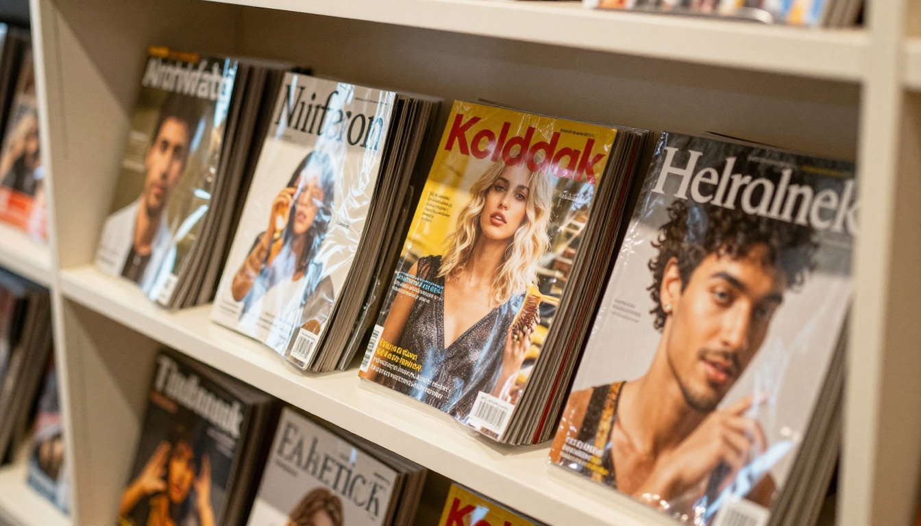 Low-angle view of glossy printed magazines on a shelf