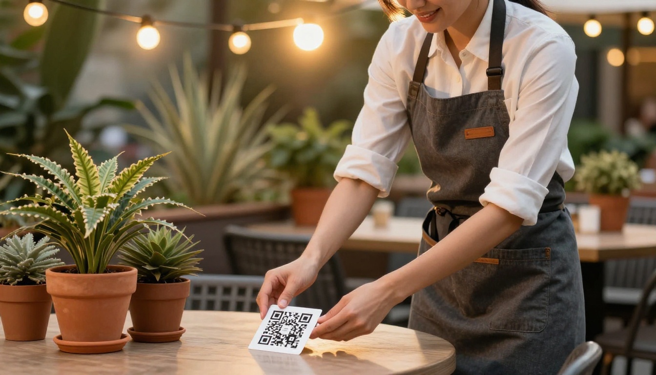Waitress placing a QR code card on a patio table at golden hour Waitress placing a QR code card on a patio table at golden hour