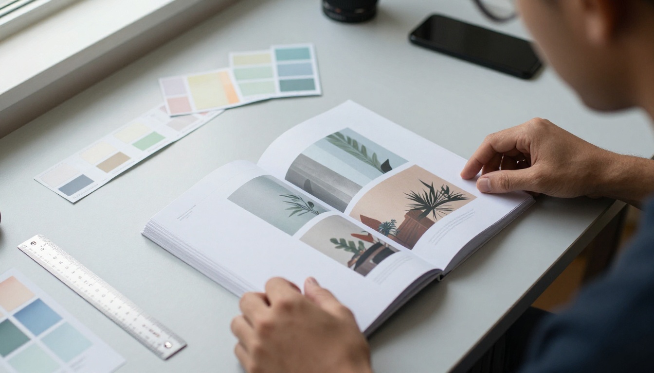 Designer arranging printed jacket proofs on a desk Designer arranging printed jacket proofs on a desk