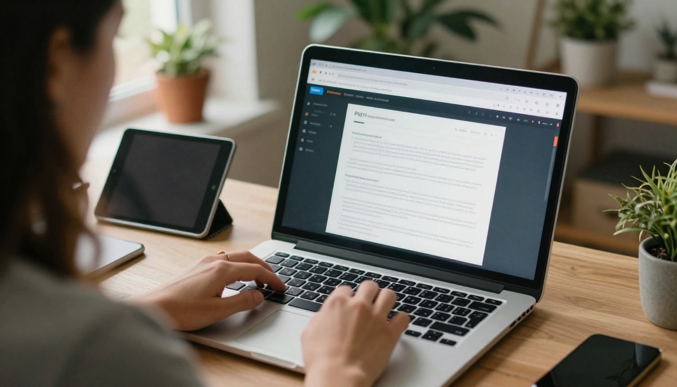 Person uploading a PDF catalog on a laptop in a bright home office
