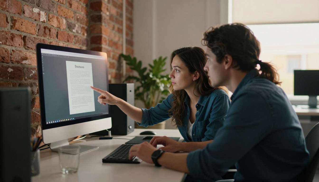 Colleagues reviewing an ebook on a monitor in a modern office Colleagues reviewing an ebook on a monitor in a modern office