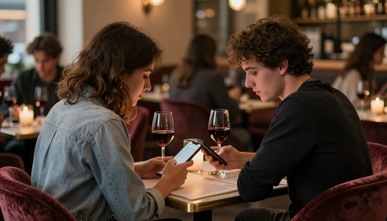 Couple browsing a restaurant menu on a smartphone at a bistro table Couple browsing a restaurant menu on a smartphone at a bistro table