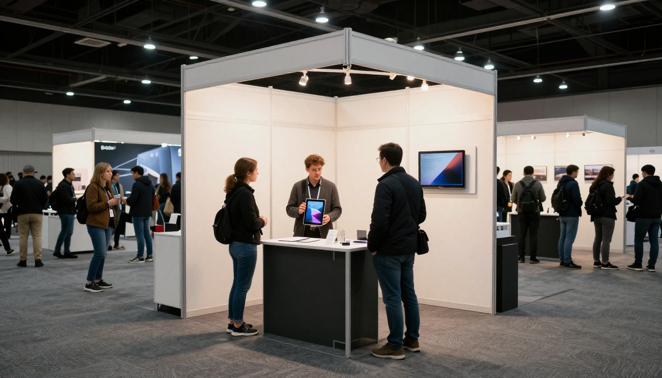Trade show booth with a rep presenting a tablet catalog to visitors